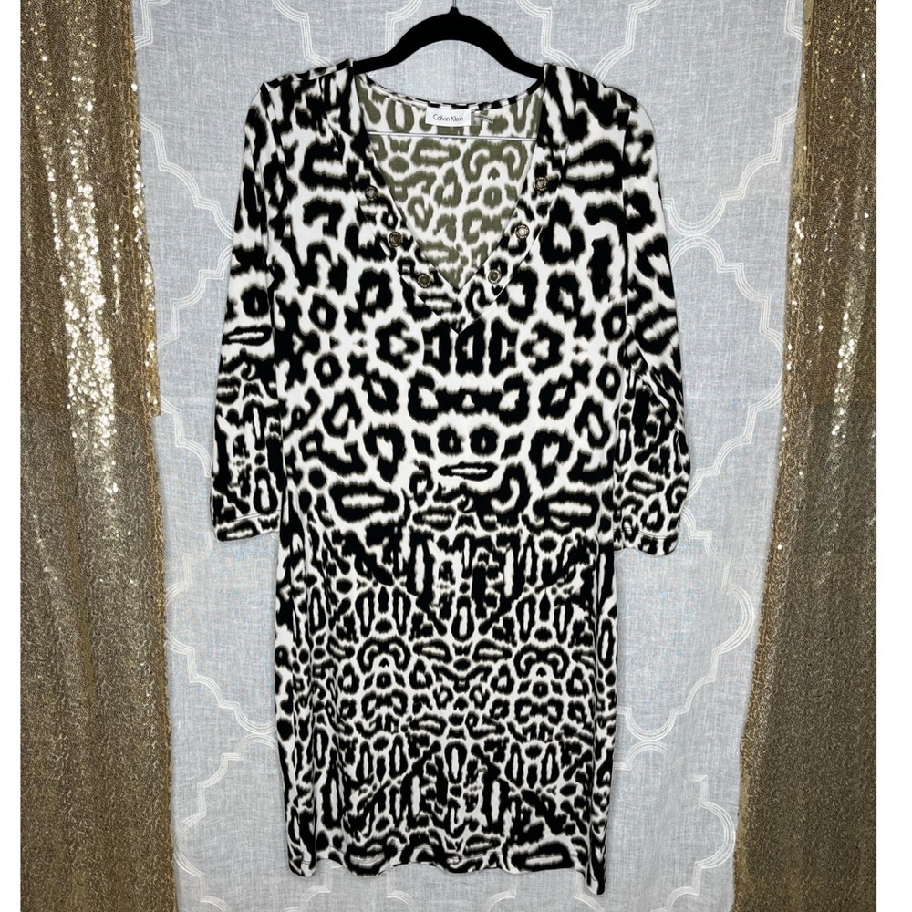 Calvin Klein Leopard Cheetah Animal Print Dress w/Gold Tone Hardware Size 8